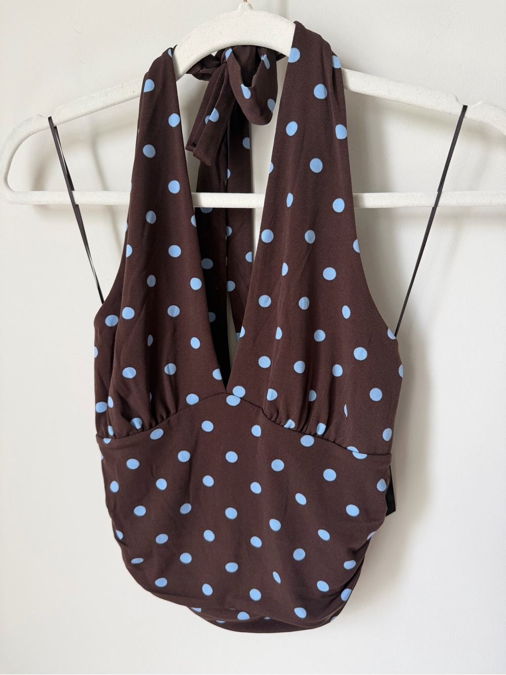 Brown blue Polka Dot cotton Halter top with ruched sides